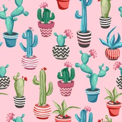 Acrylic prints Plants in pots Cacti flower seamless pattern.
