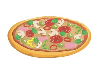 Pizza with mushrooms, tomato and olives on a white background