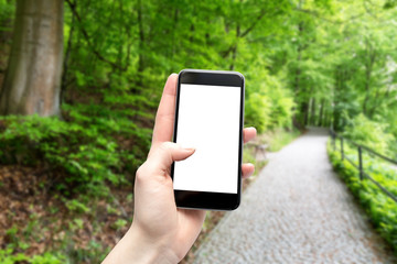 Smartphone with blank screen and copy space holding a woman in the hand on a walk in the park.