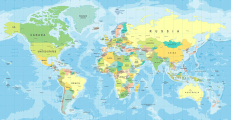 Vecteur de carte du monde. Illustration détaillée de la carte du monde