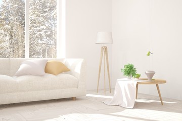 Naklejka premium White modern room with sofa. Scandinavian interior design. 3D illustration