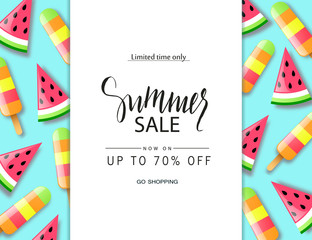 Summer sale banner, poster with watermelon and ice cream. Vector illustration.