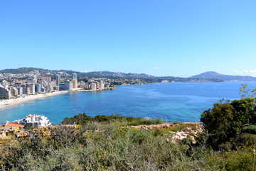 Beautiful view on spanish coast line and blue sea water of mediterranean sea from Calpe Rock Peñon de Ifach, Spain