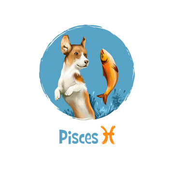 Digital art illustration of astrological sign Pisces. 2018 year of dog. Twelfth of twelve zodiac signs. Horoscope water element. Logo sign with fish. Graphic design clip art for web, print. Add text
