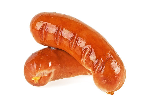 Two grilled pork sausages on white background