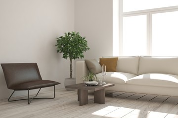 White modern room with sofa. Scandinavian interior design. 3D illustration