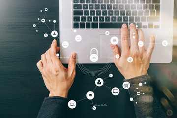 cyber security internet and networking concept.Businessman hand working with VR screen padlock icon...