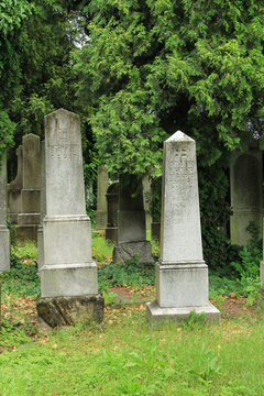 beautiful old tombstones on the jewish cemetery in Frydek-Mistek, Czech Republic, July 2, 2017