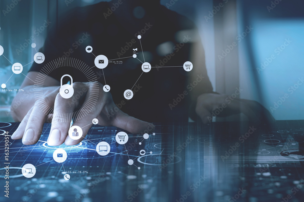 Poster cyber security internet and networking concept.businessman hand working with vr screen padlock icon 