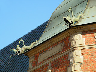 Impressive rain gutters of a vintage building in Stockholm, Sweden 