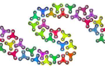 Group fidget spinners. Stress relieving finger toy colorful. 3D illustration. Isolated on white background.