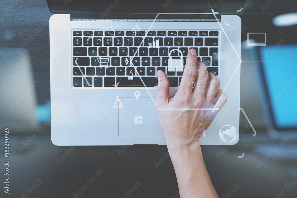 Poster cyber security internet and networking concept.businessman hand working with vr screen padlock icon 