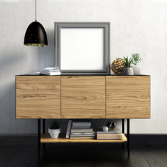 3d illustration, modern interior with credenza, poster and lamp. poster mock up