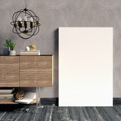 3d illustration, modern interior with credenza, poster and lamp. poster mock up