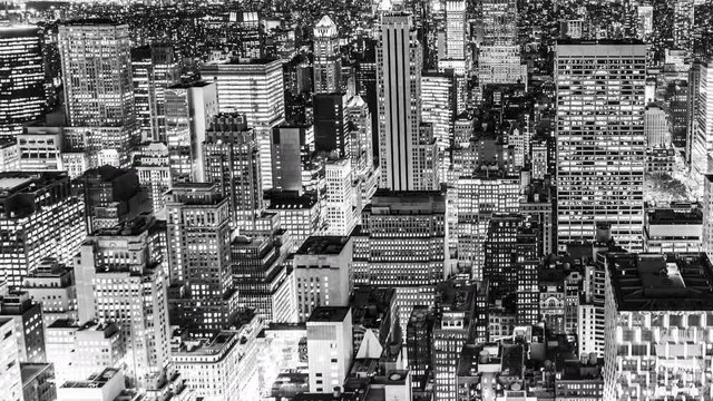 Time Lapse Aerial View over Manhattan New York City at Night in Black and White