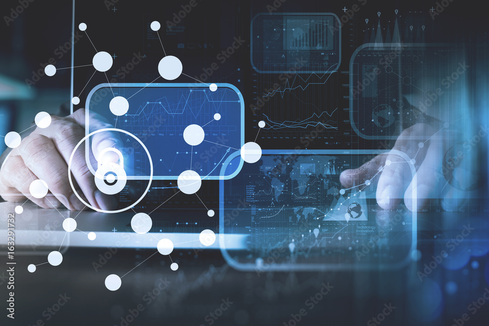 Poster cyber security internet and networking concept.businessman hand working with vr screen padlock icon 