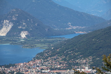 Naklejka na ściany i meble Landscape of Lake Maggiore and Lake Mergozzo view from Mount Sasso del Ferro, Laveno Italy 