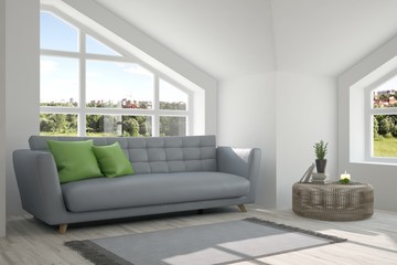 White room with sofa and green landscape in window. Scandinavian interior design. 3D illustration