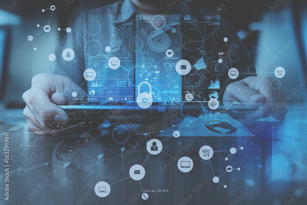 Poster cyber security internet and networking concept.businessman hand working with vr screen padlock icon 