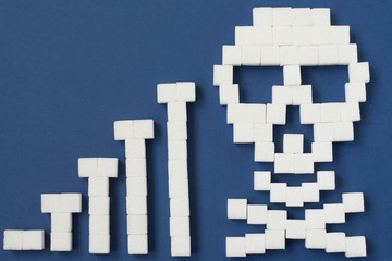 Sugar skull. 
The skull made from sugar cubes. Sugar Kills. Blue background. diabetes concept. Suggesting dieting concept. Unhealthy white sugar concept. Copy space. Space for text.