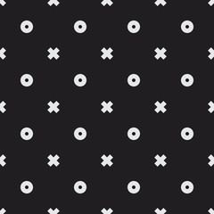 Memphis style seamless vector pattern with letters x and o. Minimal decorative texture for print, invitation, textile, fabric, wallpaper, card, poster, home decor, packaging, and wrapping paper.