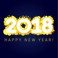 2018 happy new year golden blister numbers. Happy holidays card with vector figures 2018 on gold blister and greeting text Happy New Year!