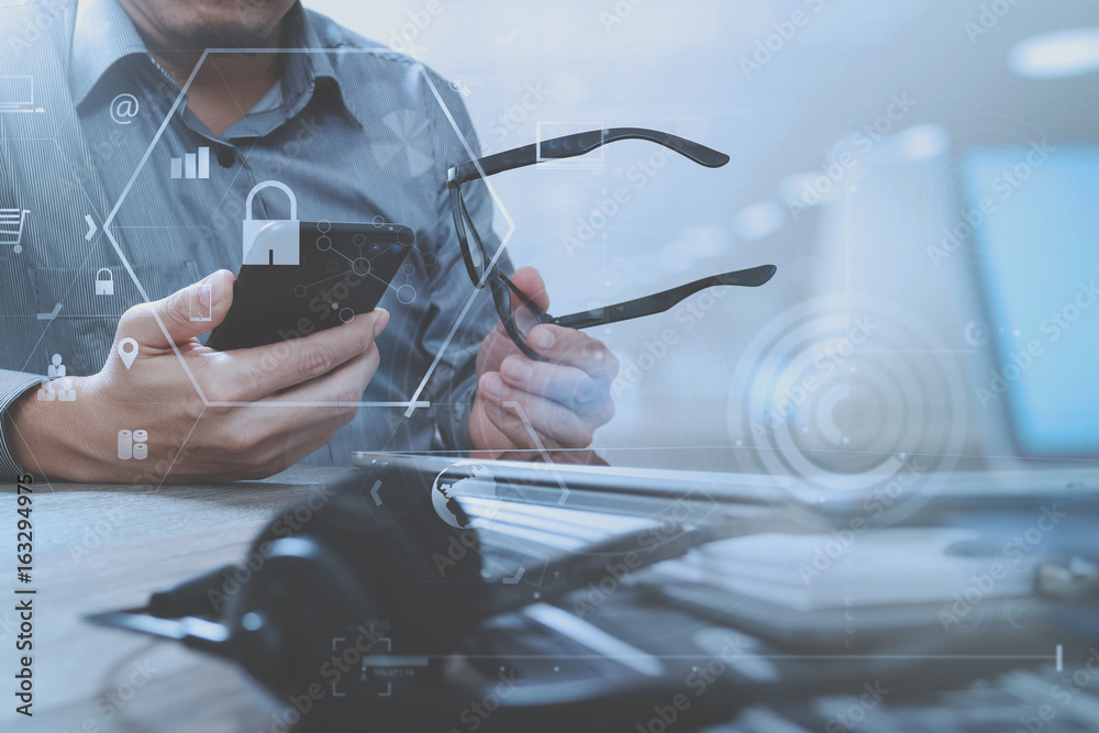 Poster cyber security internet and networking concept.businessman hand working with vr screen padlock icon 