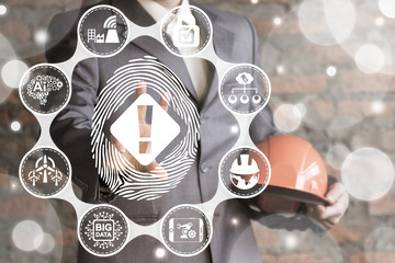 Man offers fingerprint exclamation mark scan icon on virtual screen. Industrial Security. Secure Data Manufacturing. Identification Web Computer Industry 4.0 Concept.