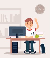 Schoolboy in classroom sitting at his desk and learning. Elementary school pupil raising hand. Vector illustration.