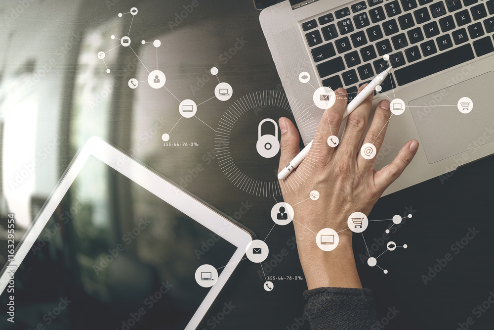 Poster cyber security internet and networking concept.businessman hand working with vr screen padlock icon 