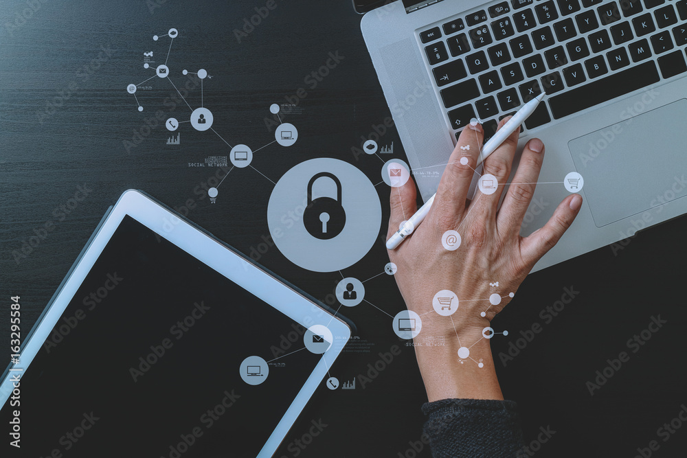 Poster cyber security internet and networking concept.businessman hand working with vr screen padlock icon 