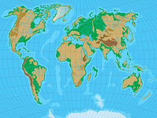 World map with relief. All reliefs are separated in editable layers. Vector illustration.