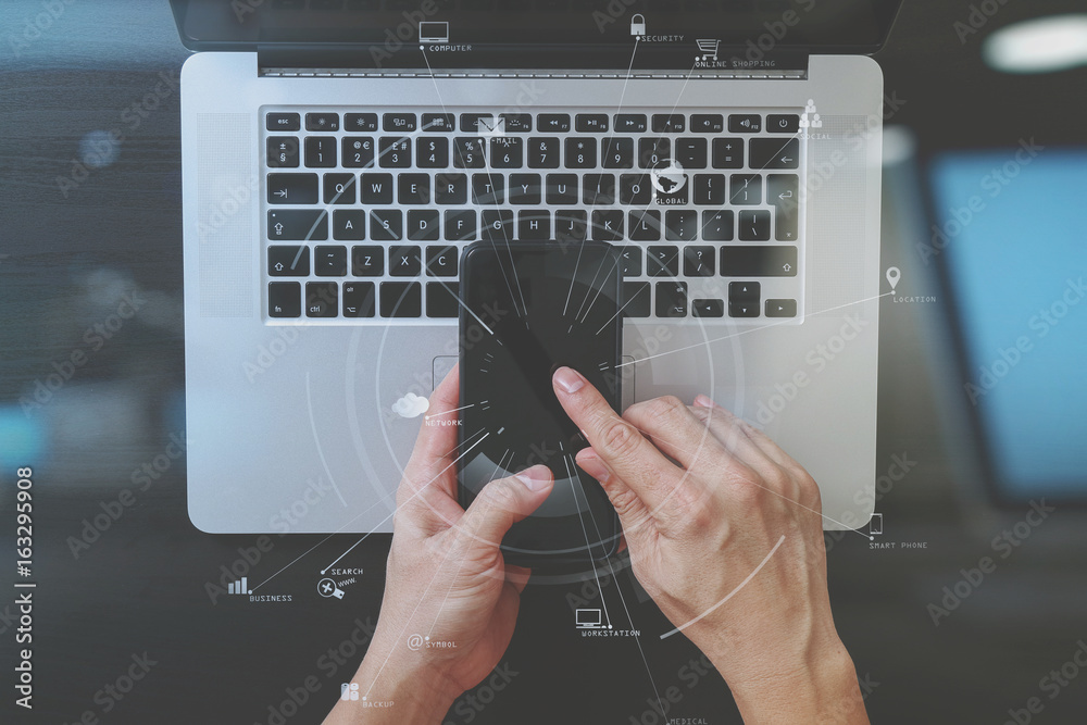Poster cyber security internet and networking concept.businessman hand working with vr screen padlock icon 