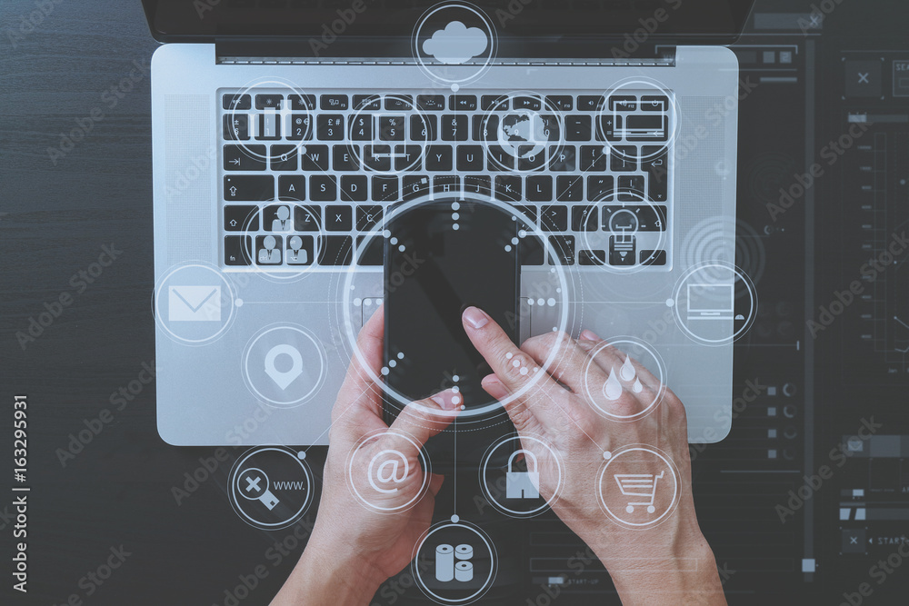 Poster cyber security internet and networking concept.businessman hand working with vr screen padlock icon 