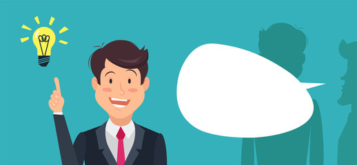 Businessman overhears a conversation, stand with lightbulb over his head while his colleagues talking in background. Businessman is stealing idea. Happy artful cartoon character. 