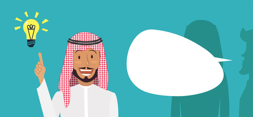 Arabic businessman overhears a conversation, stand with lightbulb over his head while his colleagues talking in background. Businessman is stealing idea. Happy artful cartoon character. 