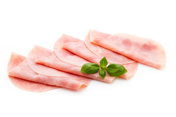 Thin slices of ham on white background.