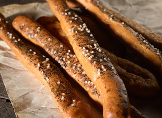 Bread sticks on paper. 
