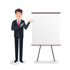 Full length portrait of a handsome businessman making presentation on flipchart over white background. Vector flat illustration of business plan.