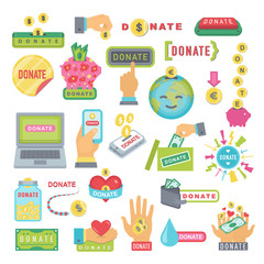 Donate buttons set. Help icon donation. Gift charity. Isolated support design sign. Contribute, contribution, give money, giving symbol. Vector illustration art