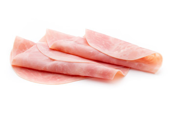 Thin slices of ham on white background.