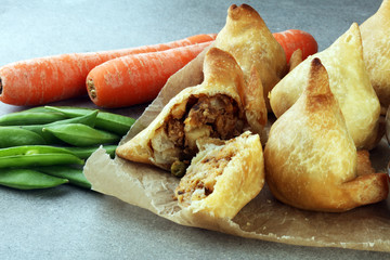 Indian special traditional street food punjabi samosa or Coxinha, Croquete and other Fried Brazilian Snacks