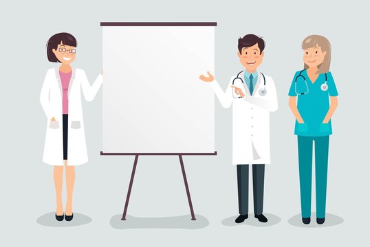 Young cheerful doctors giving presentation to team colleagues. Vector illustration