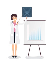 Young cheerful female doctor delivering a presentation and showing x-ray image. Medical workers in conference room. Vector illustration