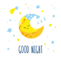 Cute sleeping crescent moon in the sky. Hand-written inscription good night. Vector illustration is suitable for greeting cards, posters and prints on t-shirts.