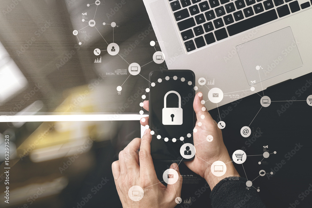 Poster cyber security internet and networking concept.businessman hand working with vr screen padlock icon 