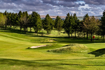 Obraz premium Golf Course on Springtime, Green golf field with trees and blue cloudy sky in background, England, UK