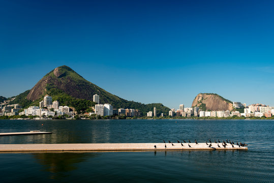 View or Mountains and Buildings of Rio de Janeiro around Rodrigo de Freitas Lagoon