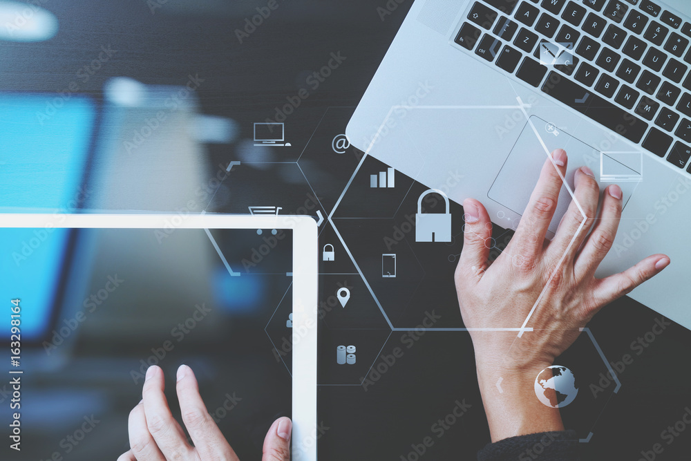 Poster cyber security internet and networking concept.businessman hand working with vr screen padlock icon 