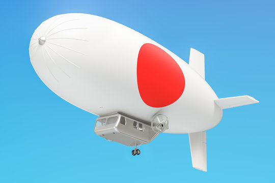 Airship or dirigible balloon with Japanese flag, 3D rendering